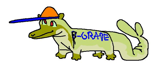fucked up dolphin thing with 4 legs it's green and it has the word "B-GRADE" spray-painted on its side in blue and black. the fucked up dolphin thing is smiling and completely oblivious. and it has a little blue and orange hat. i think this is my fursona