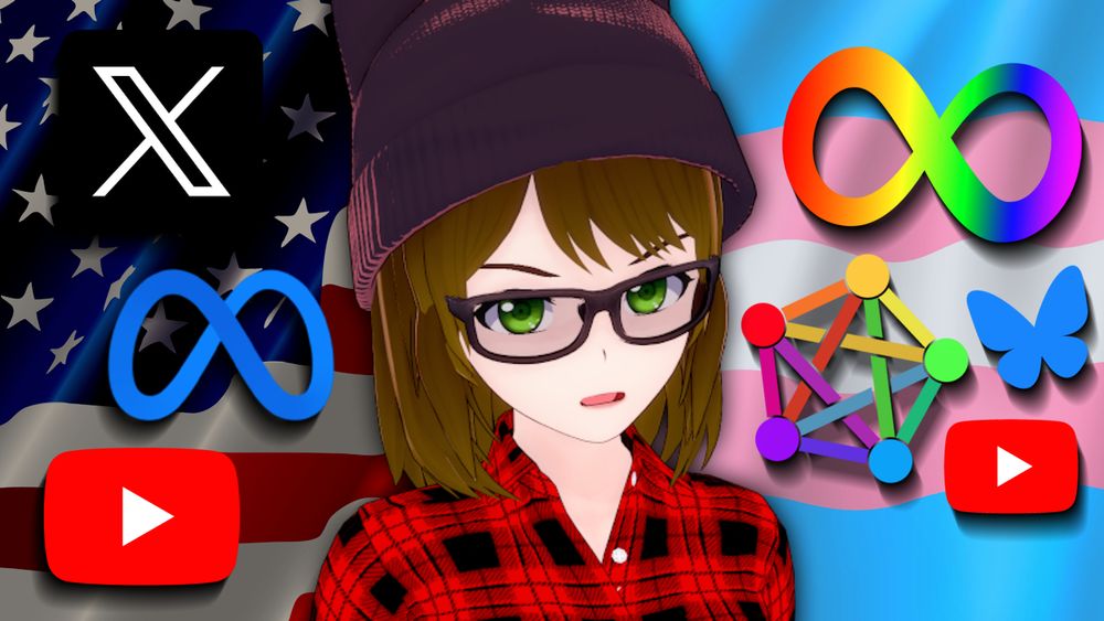 thumbnail of my new video. it shows me in the middle, with the x, meta, and youtube logos behind a dark american flag to the left. a brighter trans flag with the autism symbol, the fediverse logo, the bluesky logo, and another youtube logo can be seen to the right.