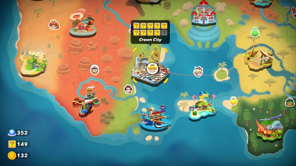Collected 352 P-switches, 149 ?-Panels and 132 Peach Medallions in Mario Kart World's Free Roam mode.