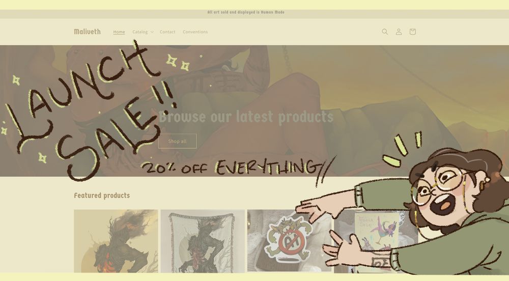 screenshot of my shop, overlayed with a sketch of myself annoucing a 20% off launch sale