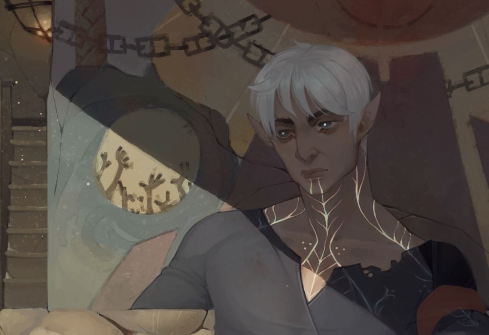 part of an illustration of Fenris from Dragon age, seated with his back against a mural of Kirkwall