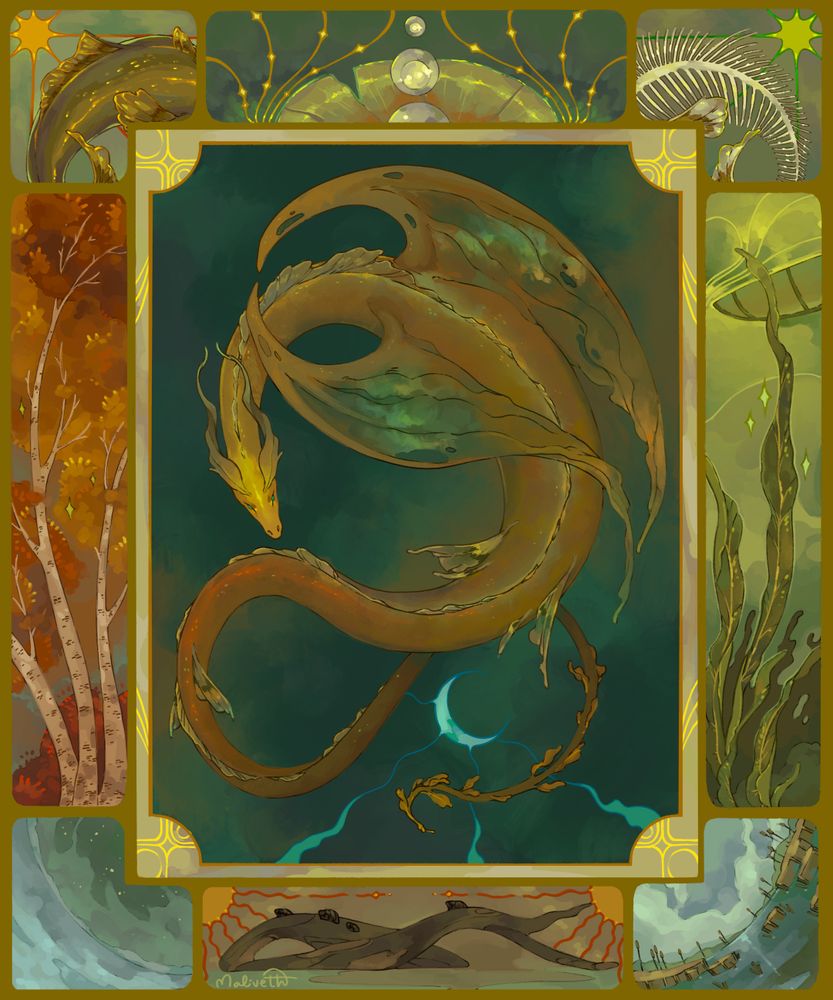 illustration with an orange/yellow aquatic dragon in the center, coiled around a moon. The wide border has various scenes in different frames, including fish, lily pads, birch trees, an icy lake, and slugs on a piece of driftwood.