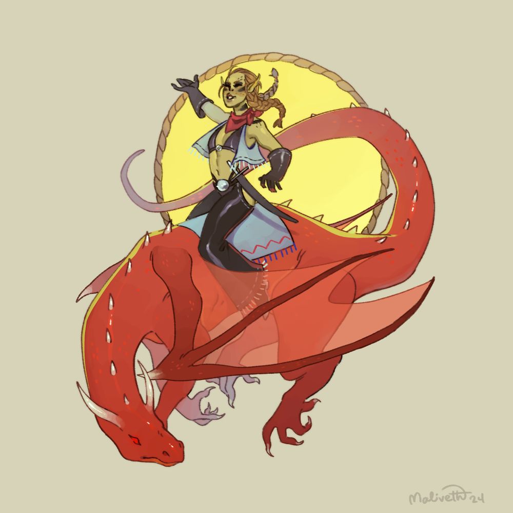 quick drawing of laezel from bg3 riding a red dragon, but dressed as a cowgirl