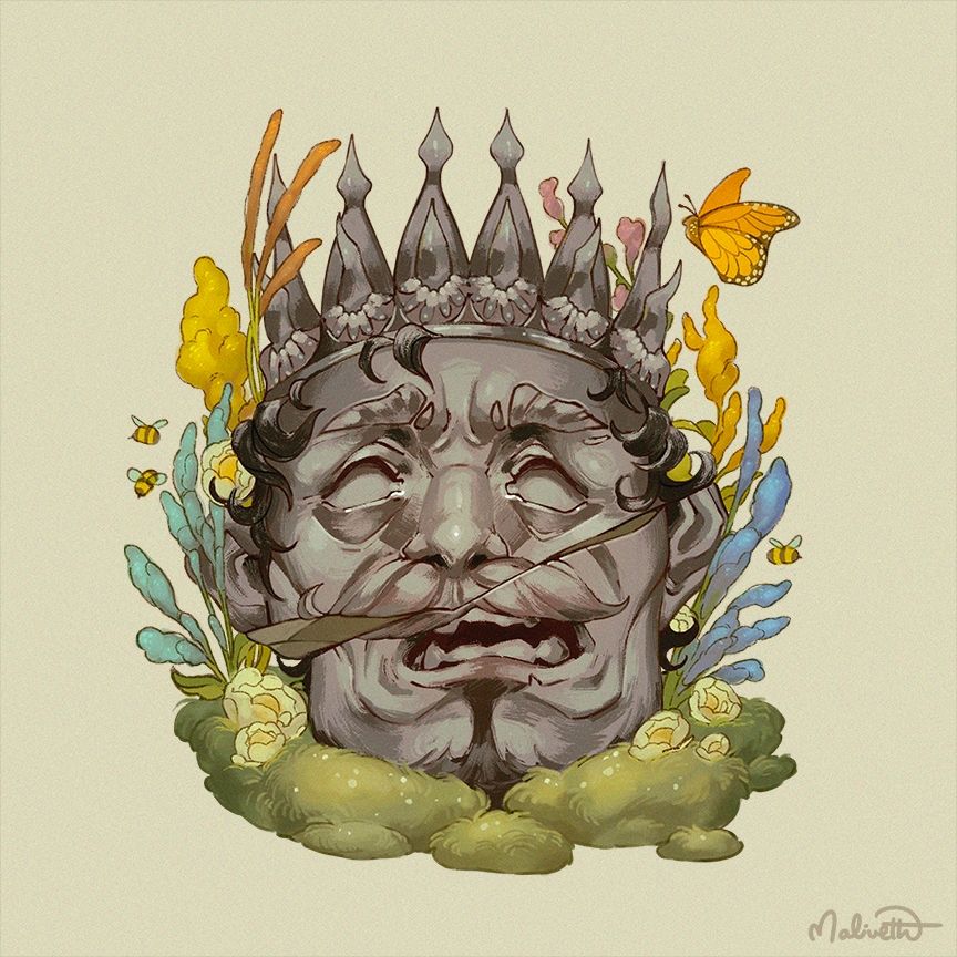 a crowned head turned to stone, split in the middle. He has an agonized expression. Flowers, butterflies and bees surround the head.