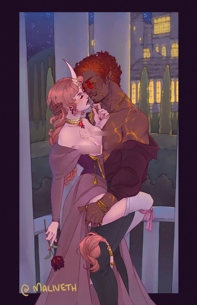the tiefling woman and fire genasi man sneaking off for a saucy smooch at night under a gazebo