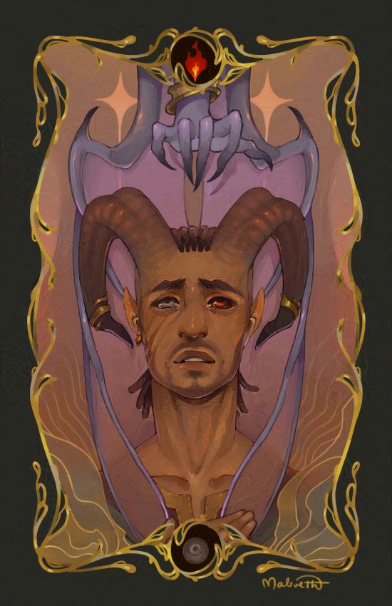 portrait of Wyll from baldurs gate, Mizora's wings wrapped around him and framed in gold