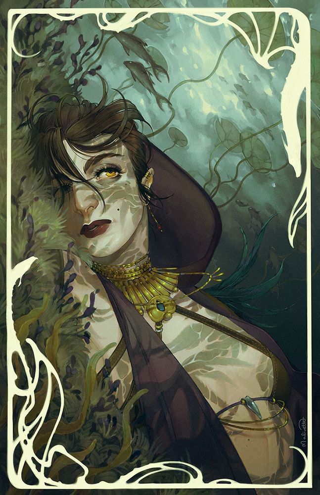 digital illustration of Morrigan from Dragon Age, laying on some fluffy grasses underwater, with fish and lily pads above. Water reflections on her skin look like raven wings. The illustration is framed by two dragon silhouettes. 