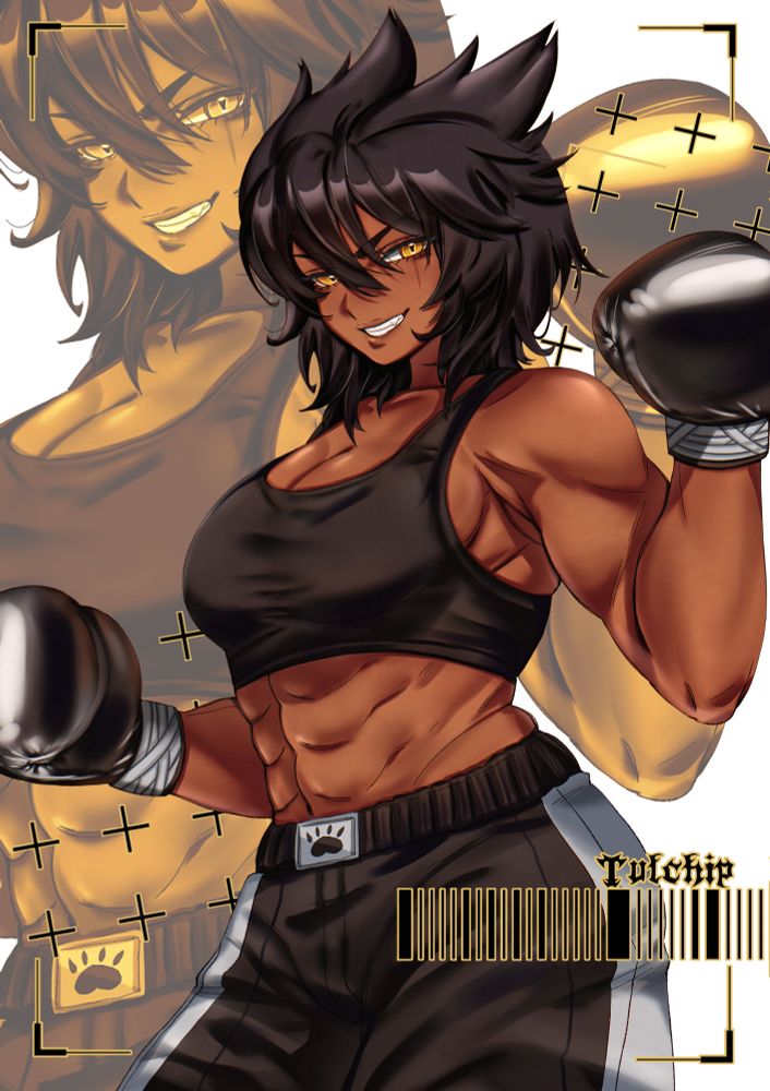 Leila with boxing gloves, boxing shorts, boxing-- did you know she does boxing?? <:)c

signature reads: Tulchip