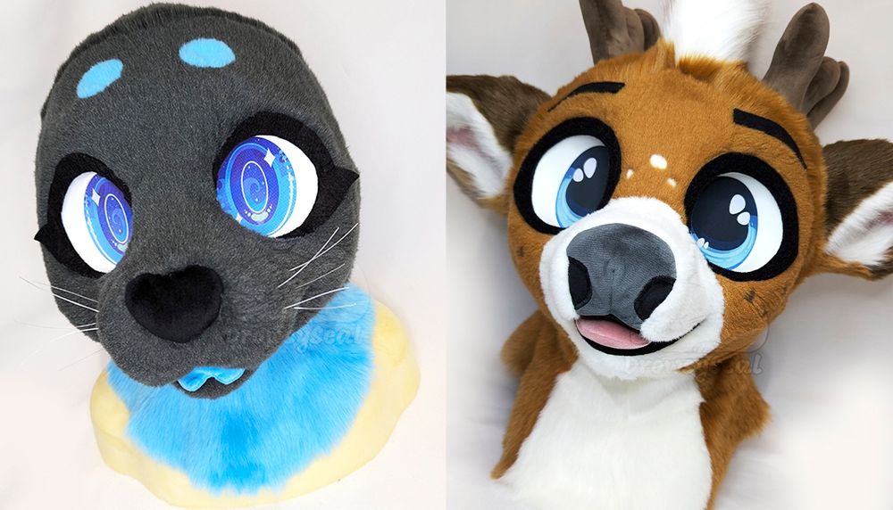 Seal fursuit head on the left, and deer fursuit head on the right