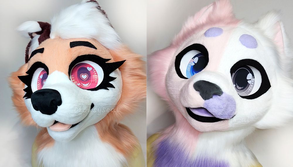 Canine fursuit head on the left, cat fursuit head on the right