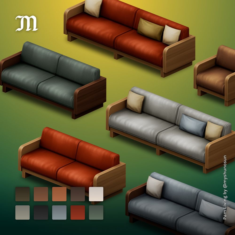 Sofas, chairs, and loveseats arranged in a neat pattern. The seating showcases different color variants.