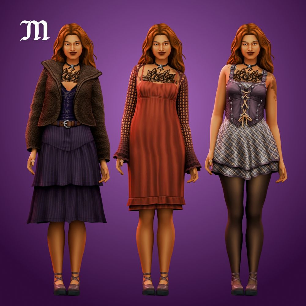 A lookbook of a character from The Sims 4 showing off 3 different outfits.