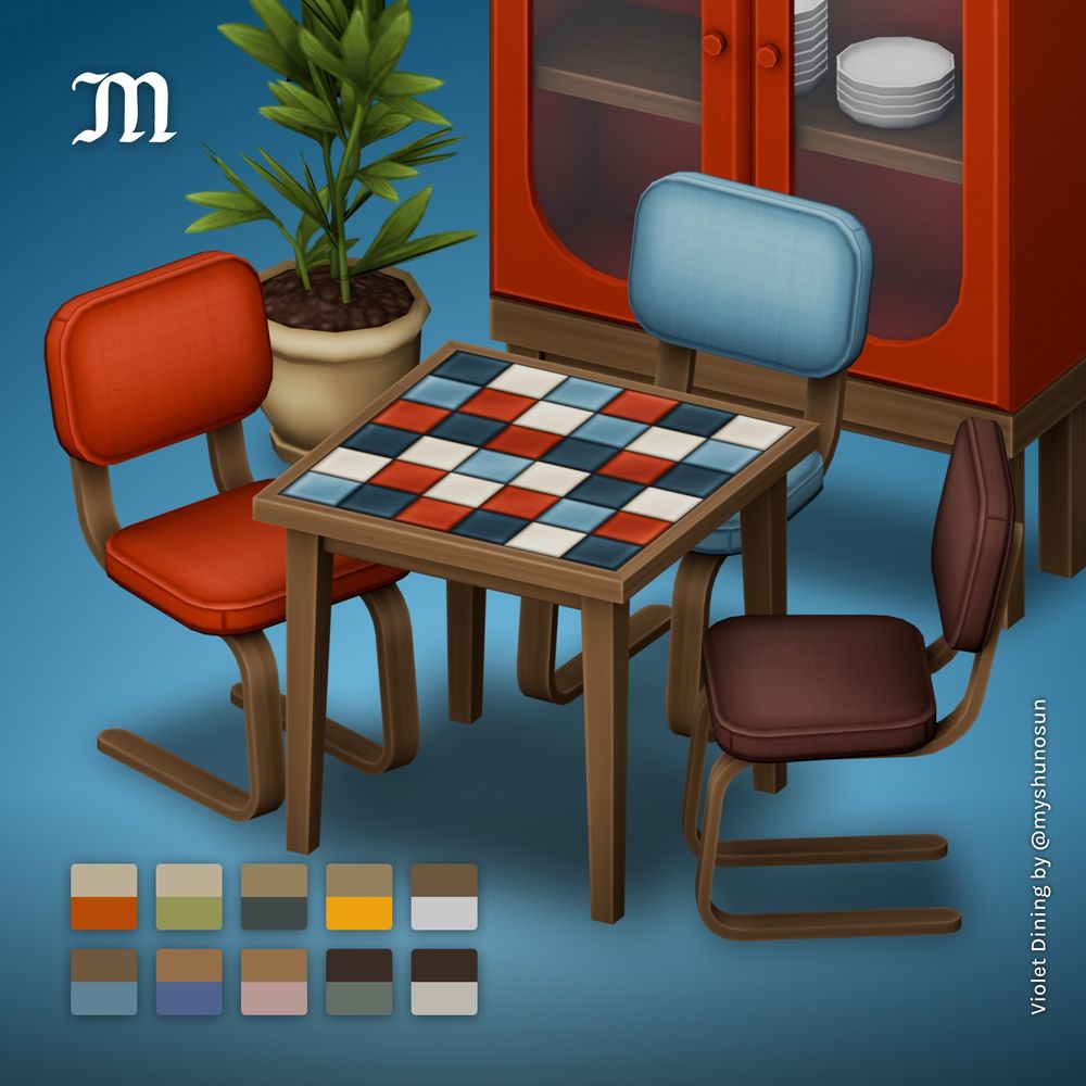 A rectangular dining table with a few chairs and a cabinet beside it.