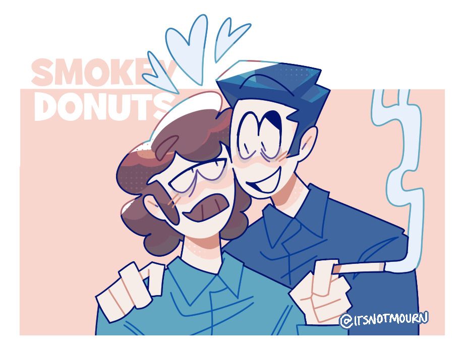 This is a digital artwork of Jack and John from Spooky Month. They are looking at each other with blush on their cheeks, and three love hearts are above their heads. Jack has his hand on John's shoulder, and John is holding his cigarette.