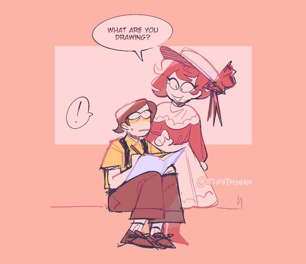 Digital drawing of Carmen and Richard from Spooky Month as children.  Carmen has a white and red dress with a white hat, pointing to his book saying "What are you drawing?" with a curious grin.  Richard is sitting with a book and pencil with an alarmed face.  Next to Richard is a small speech bubble with an exclamation mark.