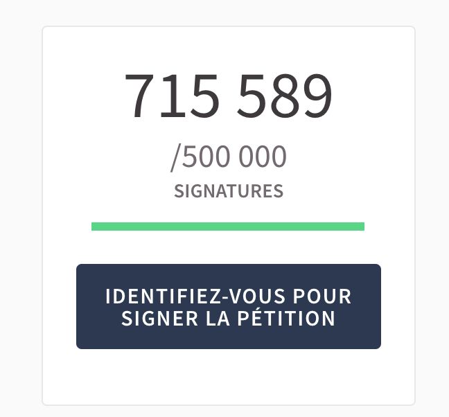 Capture d'écran du site des pétitions de l'assemblée nationale, montrant le nombre actuel de signataires contre la loi écocidaire dite "Duplomb" (715 589 signataires / 500 000).