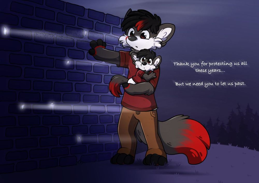 Art by Alby of both versions of Bagel pushing through a degraded emotional wall. 