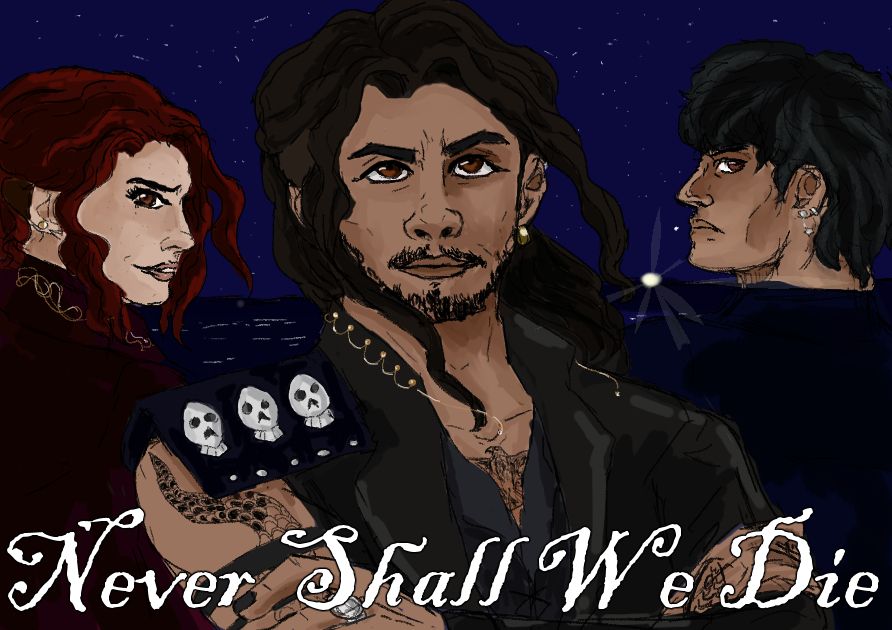 Digital art. 

In the background a starry sky and sea with a hint of land. There

Ed stands in the center about 18. He has a scratchy mustache and beard, a bit of an undercut, and his hair is blowing in the wind. There are skulls on his paldron. There is the snake tattoo but not all filled in. His arms are folded and he is smirking.  

Anne is standing behind Ed to his left, smirking over her shoulder. She is wearing an earring and there is gold detail on her red coat. 

Behind Ed and to the right is a latino man with dark hair resembling a young Pedro Pascal from a Law and Order Episode (what a coincidence) he has silver earrings and looking cautious. 

The distant winking light lies between him and Ed. 