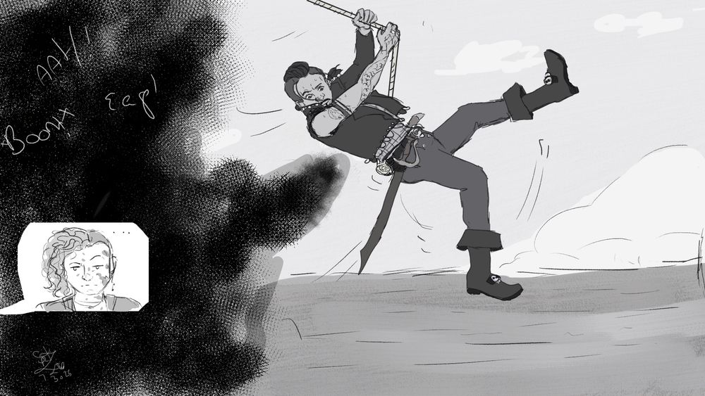 A young (18) Ed swinging on a line over the sea, looking concerned, legs flailing, staring at the water. He is swinging out of a cloud with sounds like: Ahh! *Boom!* Eep!

There is a bubble of Anne watching from the side looking unimpressed and splattered a bit with blood. 