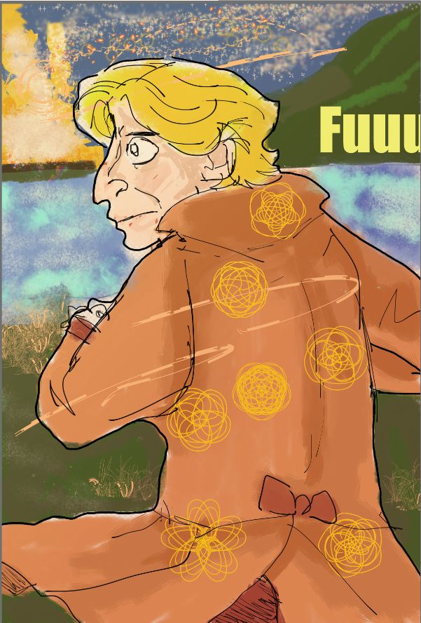 Stede in an orange coat with patterns on it and a panicked look. The picture is messily colored. Shows grass and a bay and a mountain and raging fire with sparks flying. Text by Stede's head: FUUUU.