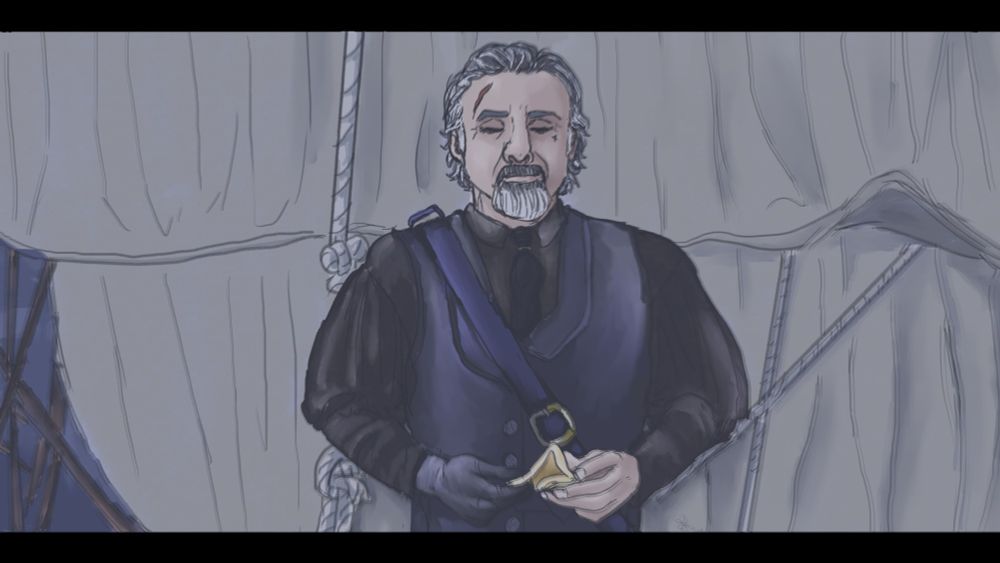 A drawing of Izzy. The overall mood is kind of gray. In the frame he is starting to open the note he was left. Behind him are sails and gray skies.