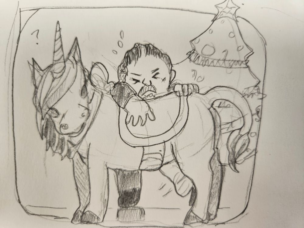 A tiny Izzy is trying to mount a miniature unicorn. It is a struggle. A Christmas tree is in the background. 