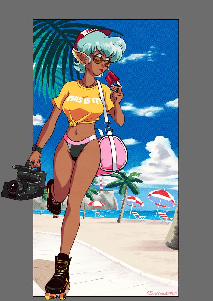 Moumou on rollerskates at a beach (2024)