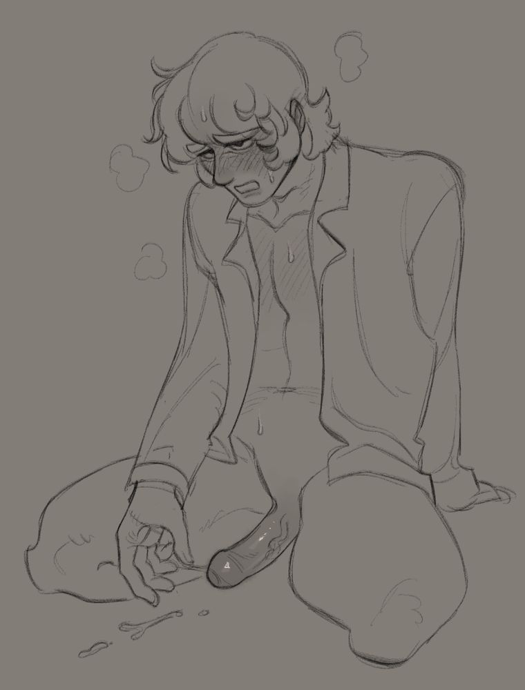 A commission of my oc, Blanc. He's sitting on his legs as he pants needily, his cum on the bed as he masturbated not too long ago.  

