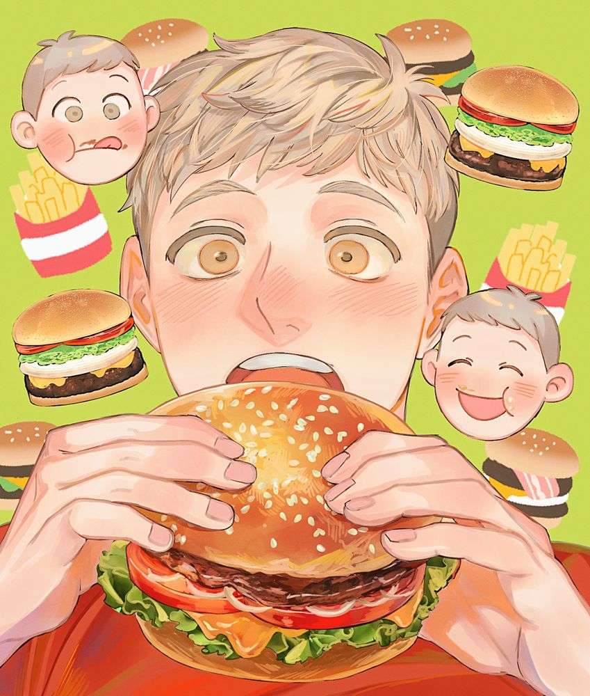 『ダンジョン飯』のファンアート
ハンバーガーを食べるライオスのイラスト