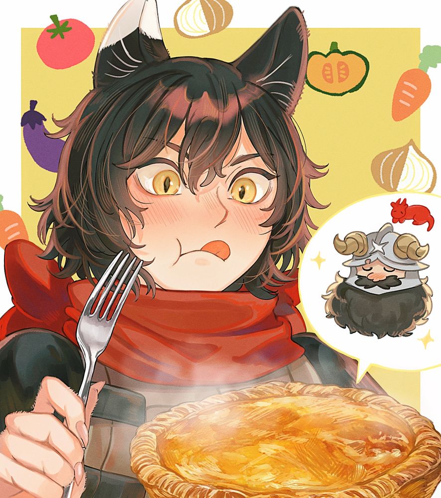 『ダンジョン飯』のファンアート
センシの作ったミートパイを食べるイヅツミのイラスト