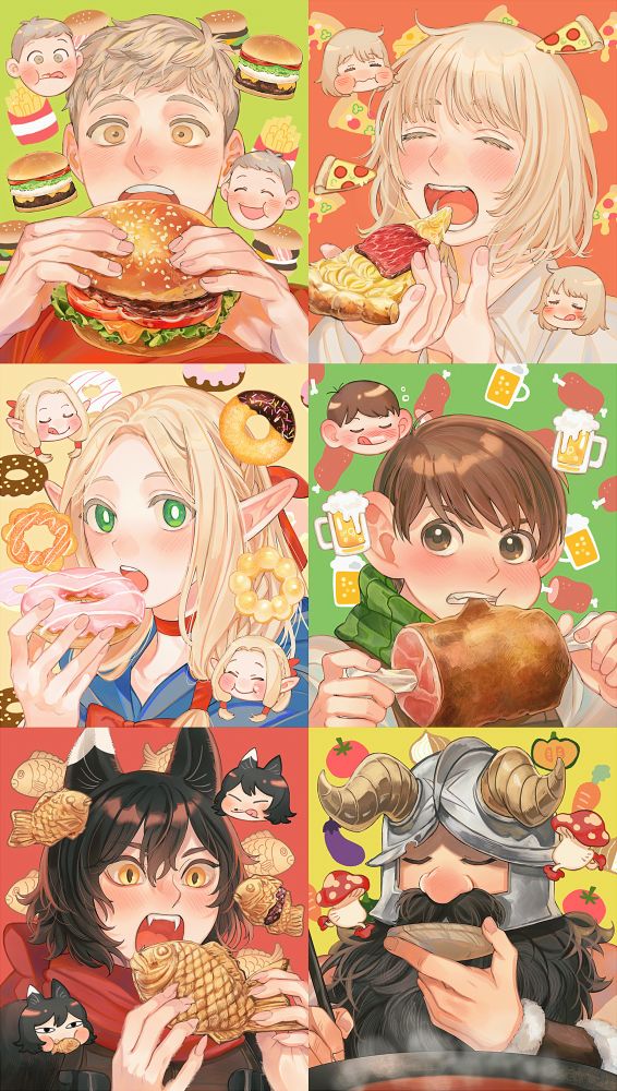 『ダンジョン飯』のファンアート
左上から時計回りに、ハンバーガーを食べるライオス、ピザを食べるファリン、骨付き肉を食べるチルチャック、鍋の味見をするセンシ、たい焼きを食べるイヅツミ、ドーナツを食べるマルシル のイラストが並んでいる