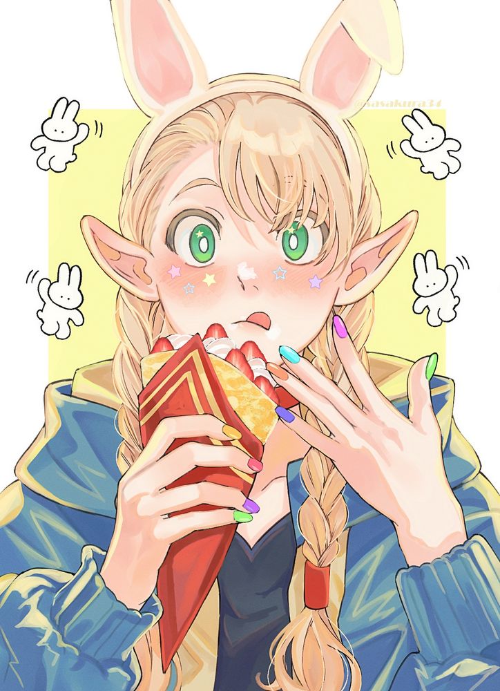 『ダンジョン飯』のファンアート
クレープを食べるマルシル  髪型は三つ編みで頭にウサ耳カチューシャをつけている