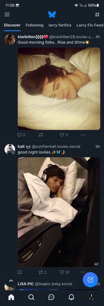 First post shows sleeping Louis, saying good night, second post shows Harry in bed, saying good morning 
