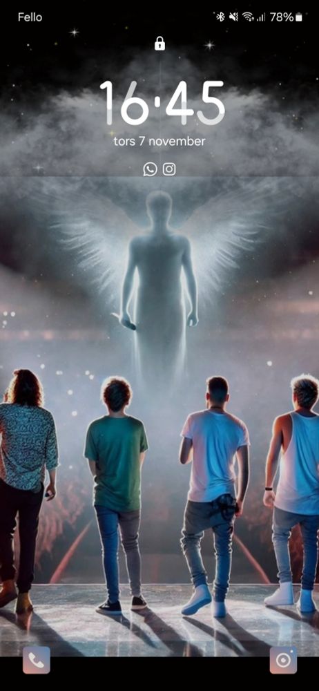 Lockscreen, Harry, Louis, Zayn and Niall on stage looking up at angel Liam above