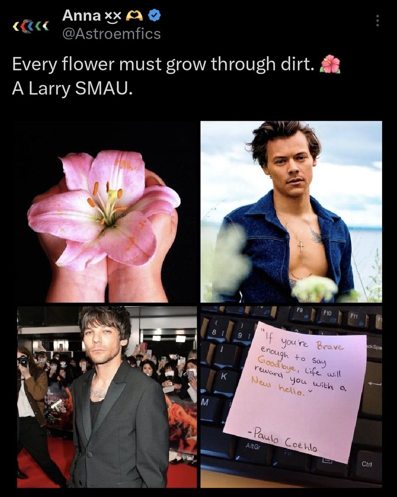 Screenshot of a social media alternate universe, Larry stylinson called every flower must grow through dirt