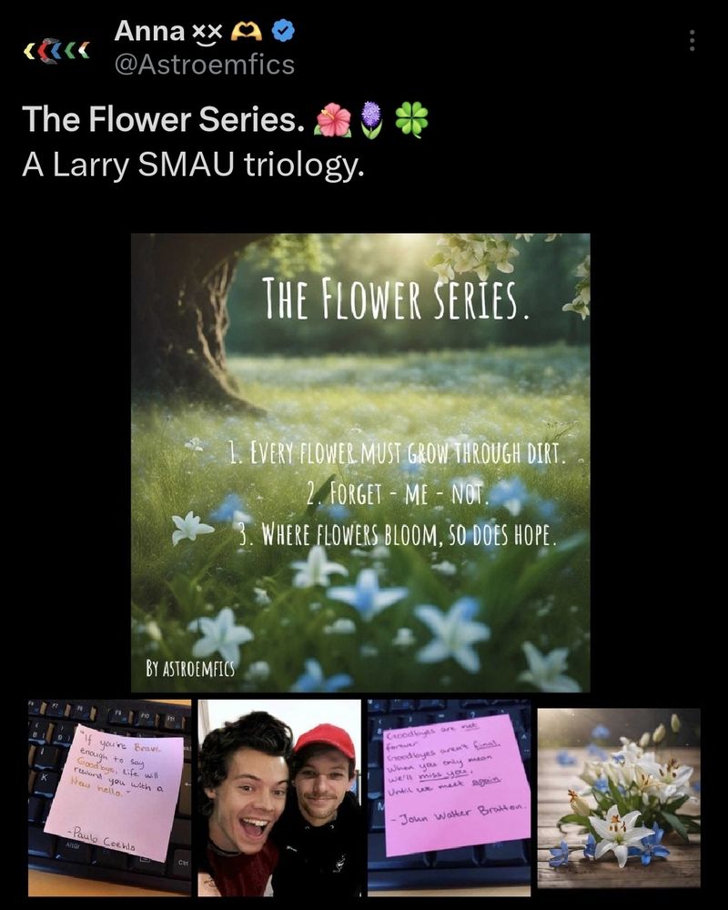Screenshot of a social media alternate universe, Larry stylinson trilogy called the flower series