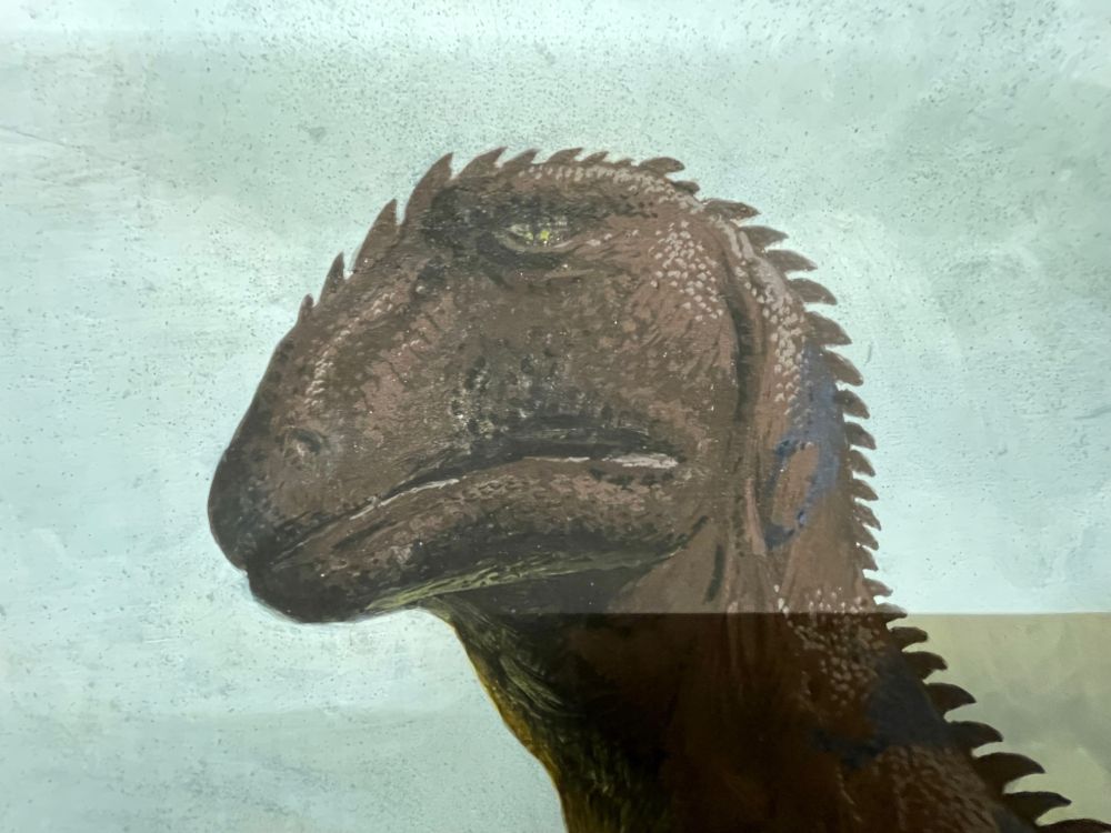 A close-up of a rough-scaled, horribly sad looking Allosaurus with rows of shark-fin shaped scales down its back.