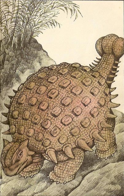 A rotund Ankylosaurus with studded armour and comically short neck and tail brandishes its club.