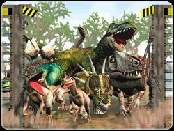 A selection of somewhat crude 3D renders of various dinosaurs (Velociraptor, Styracosaurus, Allosaurus, Tyrannosaurus, and Stegosaurus) from Zoo Tycoon: Dinosaur Digs. They are framed by a broken, Jurassic Park-style electric fence.