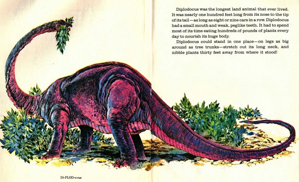 A pink and purple Diplodocus stands amid dense thickets of greenery, taking a big mouthful and looking over its shoulder. 