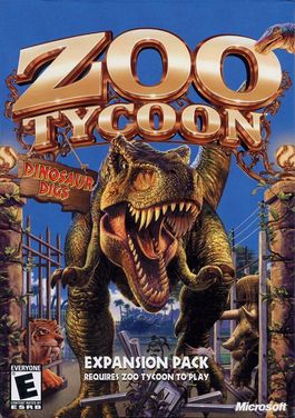 Cover for Zoo Tycoon: Dinosaur Digs, prominently featuring a charging green T.rex bursting through a stone gateway, knocking over turnstyles in the process. Behind it, a tiger-striped Smilodon and a green Triceratops peer out behind iron bars. The toothy grin of an Apatosaurus is barely visible at top right.