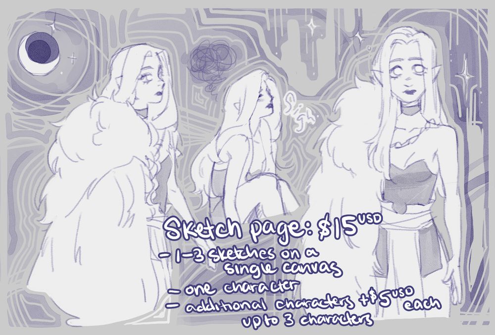 Commission pricing page. Three sketches of a long haired woman with a fur coat over her left shoulder. Text on image reads "Sketch page priced at 15 USD. Includes 1 to 3 sketches on a single canvas of one character. Additional characters costs 5 USD per character, up to 3 characters."