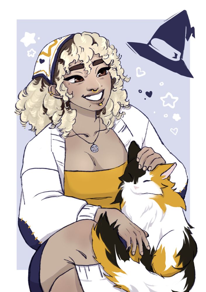 A tan woman with curly hair that is blond at the end and brown at the roots. She's wearing a white cardigan, yellow top, and blue shorts. She's petting a calico cat and is on a light purple background surrounded by stars and a witch's hat.