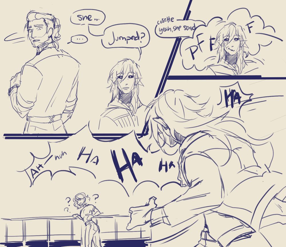 The men fully turn to look at her, the taller man stunned in silence. The long haired man with dark sclera and a neck tattoo, baffled, repeats "She... jumped?" The woman, Cosette, responds "yeah, she said-" before getting cut off by the long haired man holding back a laugh. He begins to run up to the railing, fully laughing.