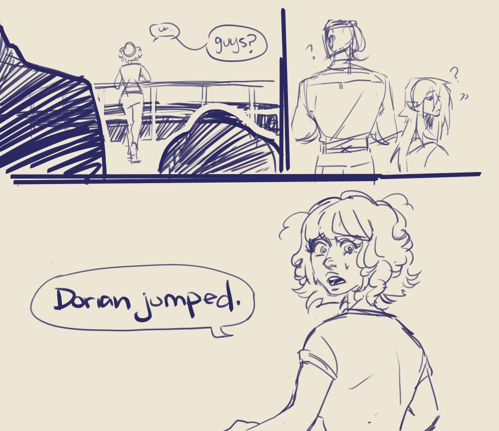 A short muscular woman with curly hair cut in a bob stands near a railing that separates where she stands from a cavernous hole in the ground. "Uh... guys?" she asks. A tall man with an undercut and a ponytail hardly turns to look, next to him a shorter man with long hair and a neck tattoo turns to look. She turns to them, looking disheveled and says "Dorian jumped."