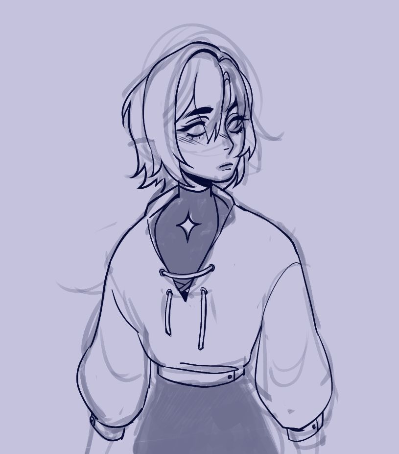 an androgynous individual with choppy long hair, wearing a turtleneck that has a four pointed star cut-out on the center part of the collarbone. They're wearing a loosely threaded shirt with puffy mid-length sleeves over their turtleneck.