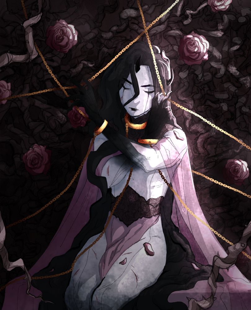 A pale young man with long dark wavy hair and a crown of three small black horns. His hands and feet fade to a dark black , with slender lines that trace to his face. He is wearing an elegant mantle and loincloth made of a sheer pink cloth that attach by a brown lace waistband and neck piece. He is loosely holding the chains that attach to him at the neck and wrists. He sits surrounded by gnarled thorns and roses and is littered with small cuts. His face is serene, but holds a vague frustration.
