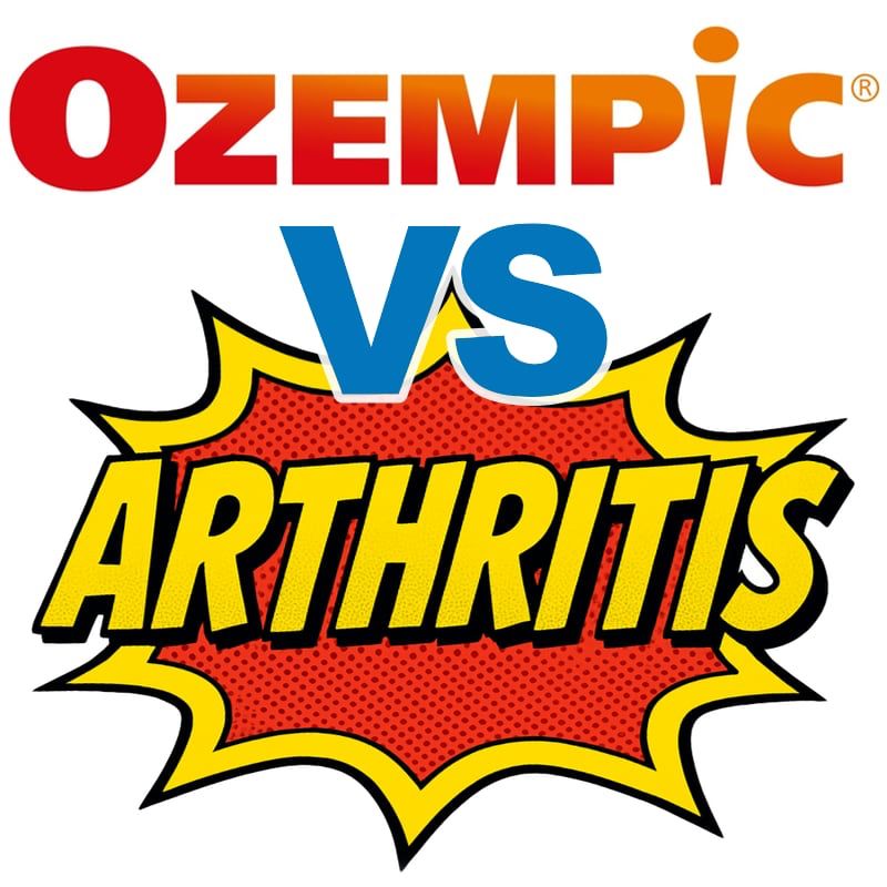 The image shows the wordmark “Ozempic” in its familiar red-to-orange gradient logo at the top, a large blue “VS” in the center, and a comic-book style explosion graphic at the bottom containing the word “ARTHRITIS” in bold yellow letters with a black outline against a red halftone background.