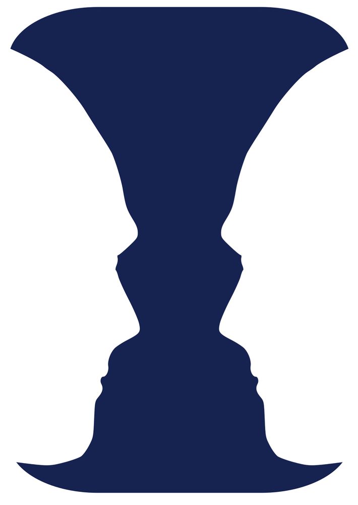 A famous optical illusion known as the Rubin vase or “face-vase” illusion. The central dark blue shape resembles a symmetrical vase or goblet, while the negative white space on either side forms the profiles of two human faces looking at each other. The image demonstrates figure-ground perception, where viewers can alternate between seeing the vase as the main subject or the two faces, but not both simultaneously.
