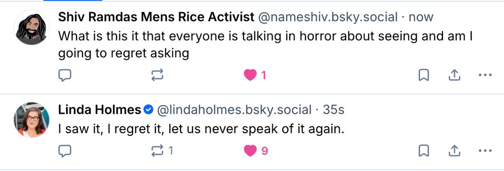 screenshots of skeets by Shiv Ramdas and Linda Holmes about everyone seeing something horrifying online